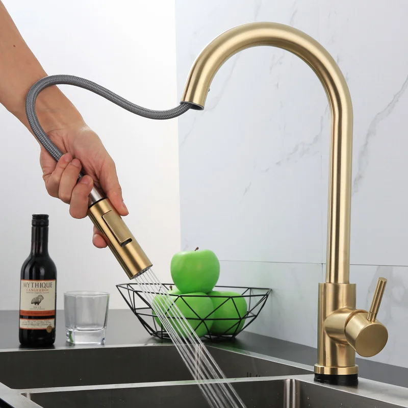 Brushed-gold HJ7801 with the pull-down head extended