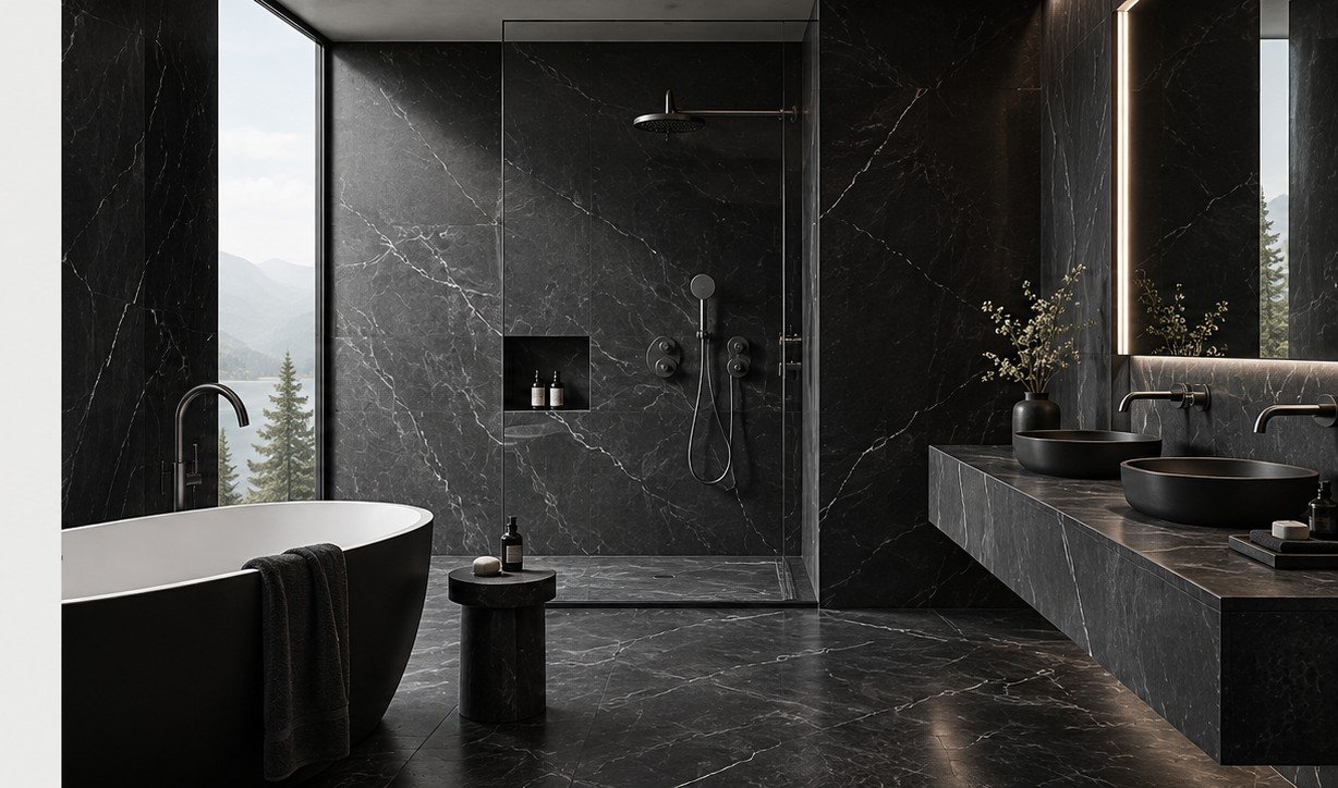 Dark bathroom finish detail
