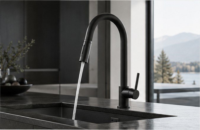 Dark kitchen faucet and sink scene used as editorial illustration