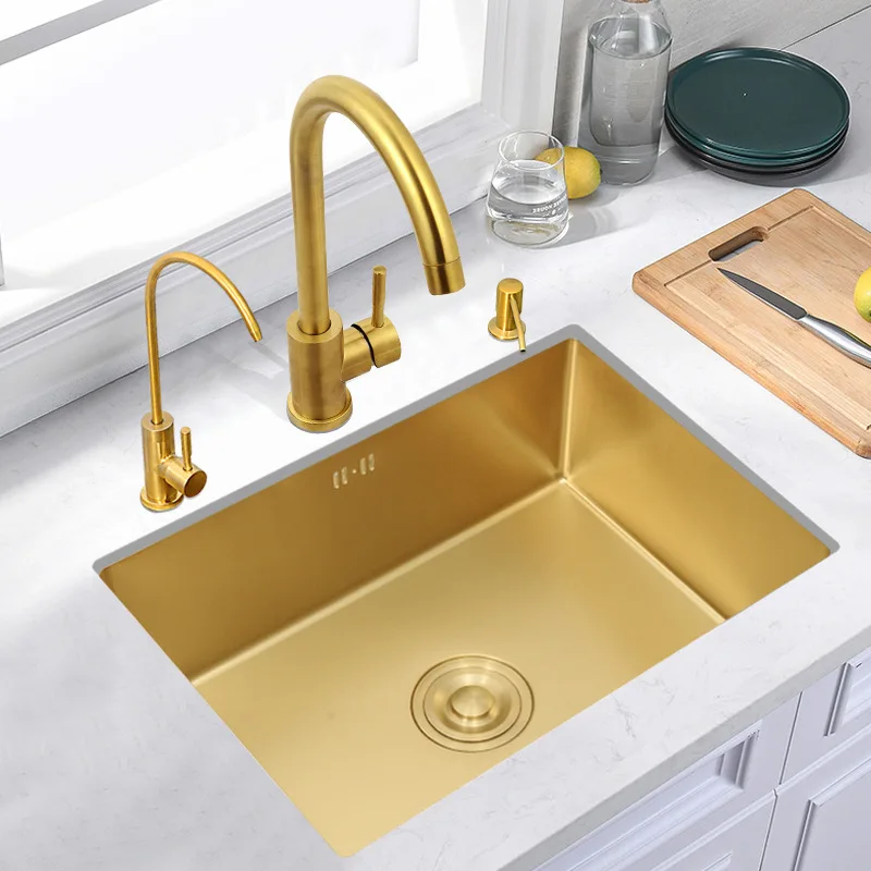 Brushed Gold Stainless Steel Square Single-Bowl Kitchen Sink
