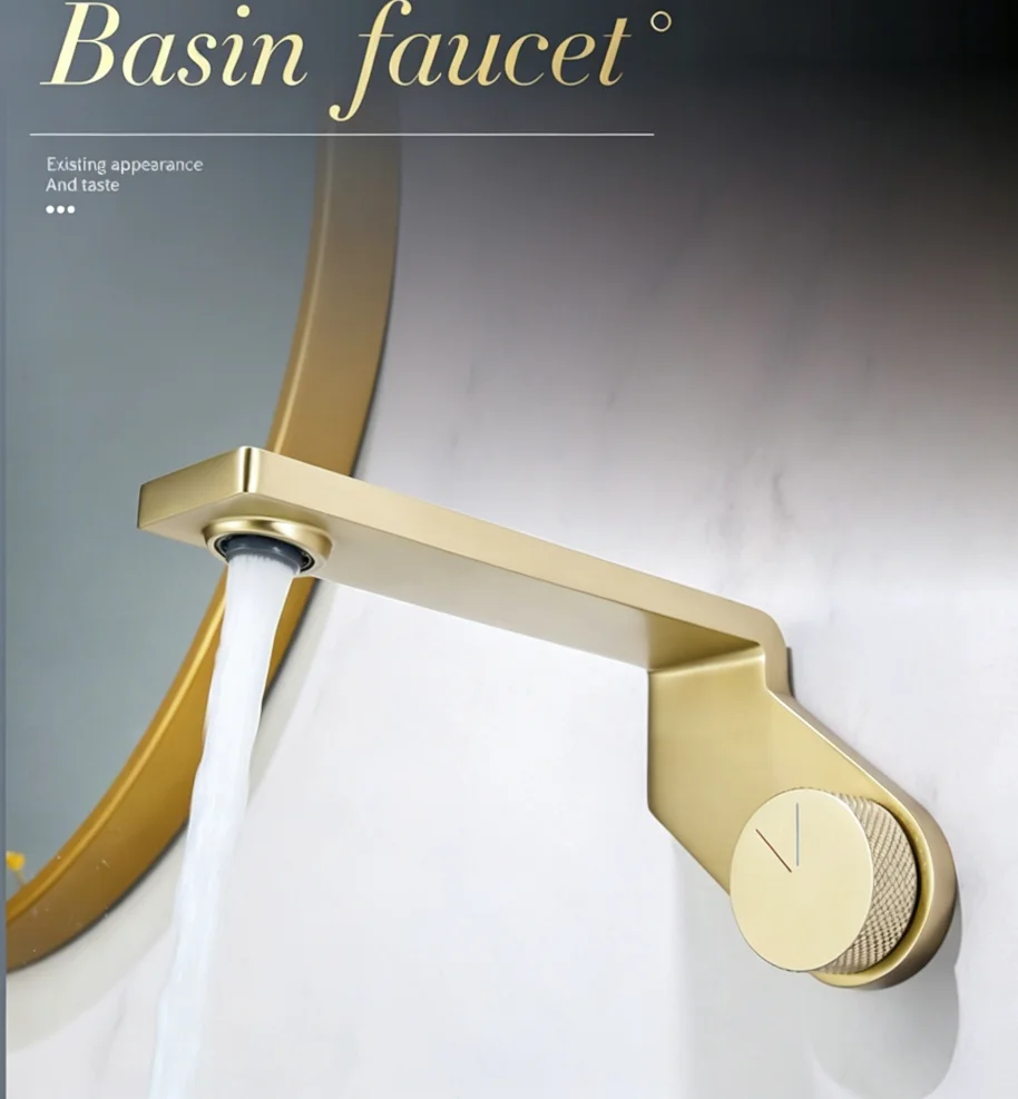 Brushed Gold Copper LED Wall-Mounted Bathroom Sink Faucet