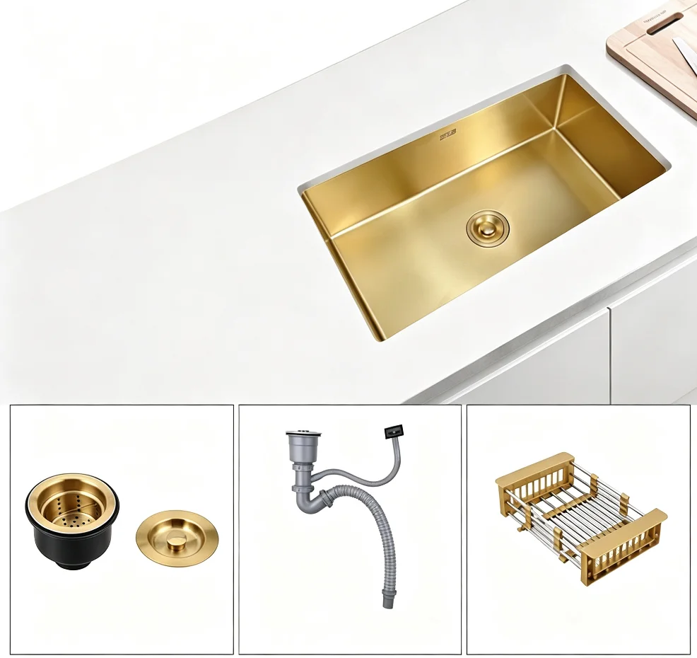 Brushed Gold Stainless Steel Square Single-Bowl Kitchen Sink