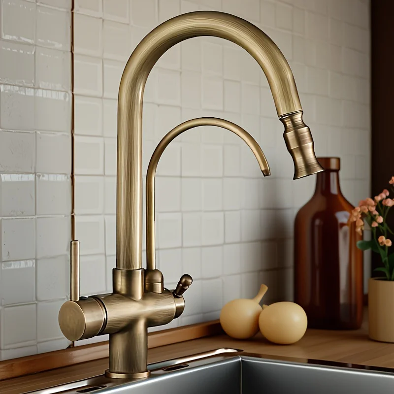Antique Brass Deck-Mounted Pull-Out Kitchen Faucet