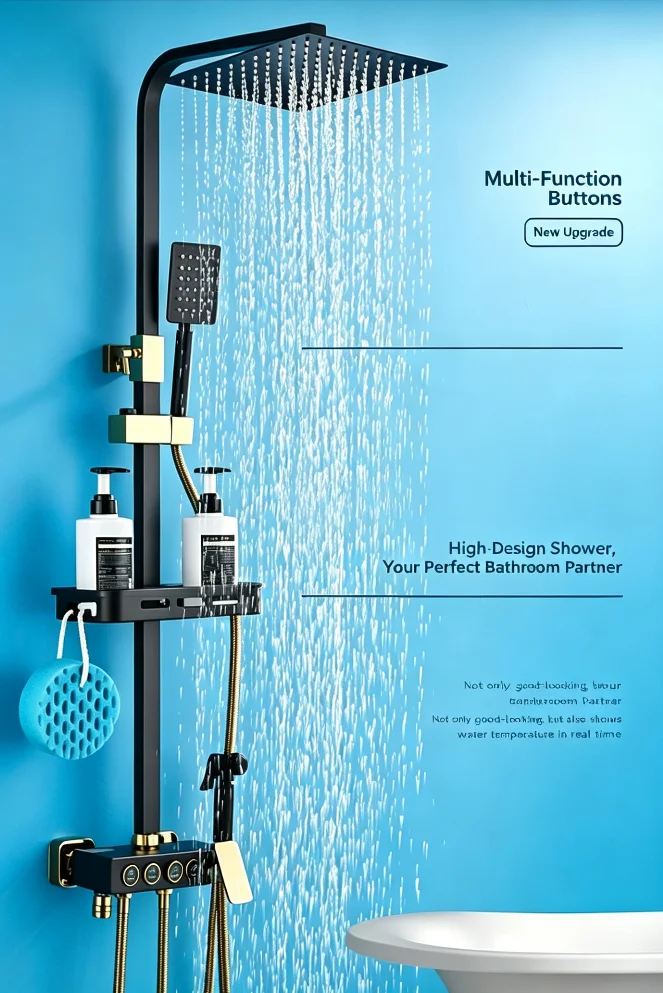 Modern Brass Wall-Mounted Shower System Square