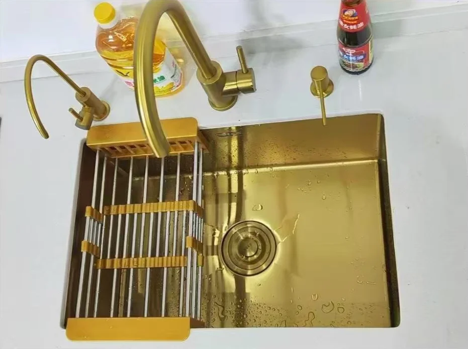 Brushed Gold Stainless Steel Square Single-Bowl Kitchen Sink