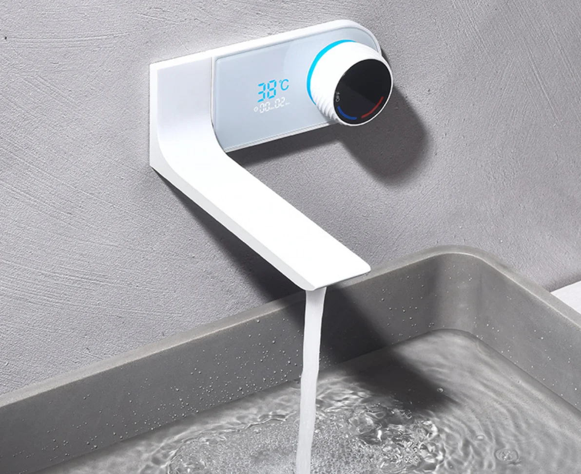 Modern Brass Single-Handle Wall-Mounted Bathroom Sink Faucet Digital