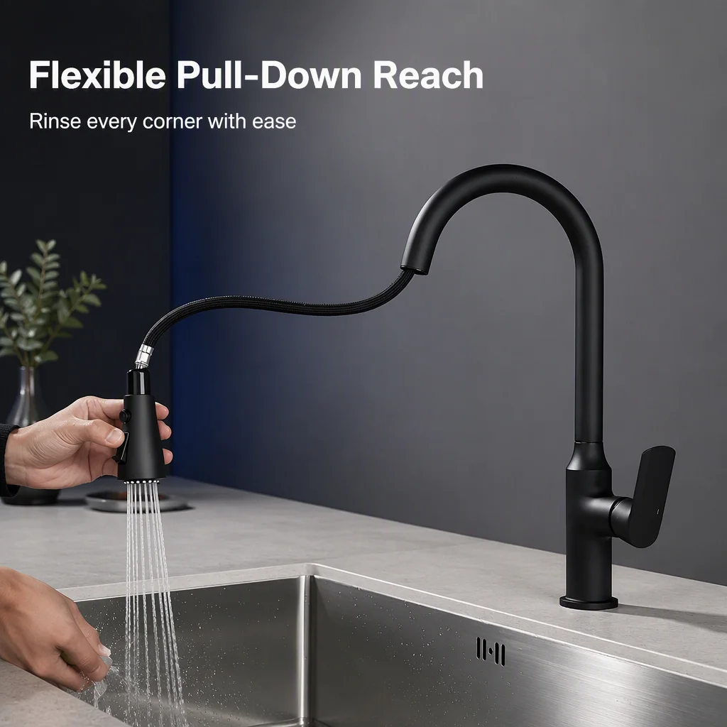 Matte Black Brass Deck-Mounted Pull-Down Kitchen Faucet