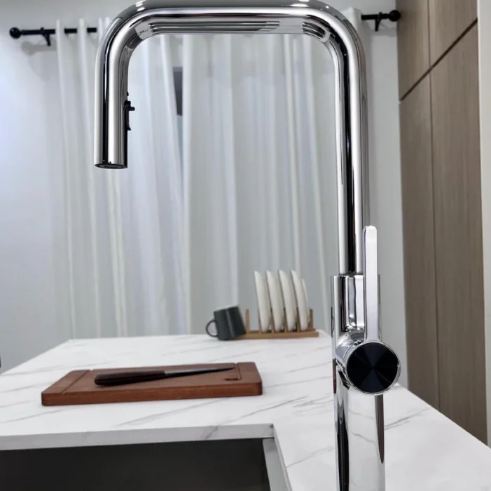 Modern Brass Deck-Mounted Pull-Down Kitchen Faucet