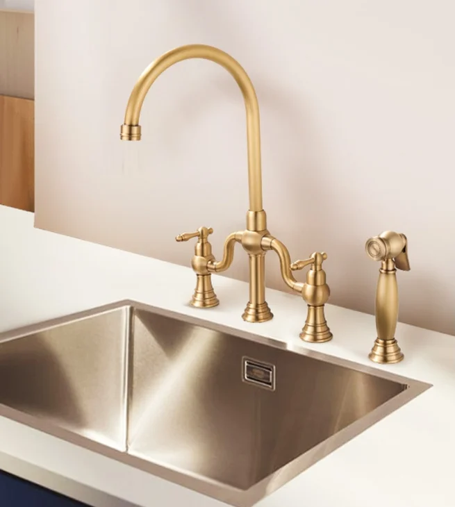 Brass Deck-Mounted Bridge Kitchen Faucet