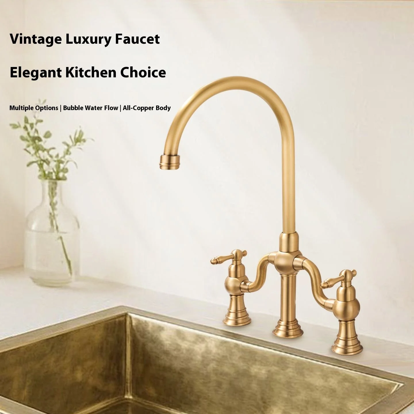 Brass Deck-Mounted Bridge Kitchen Faucet