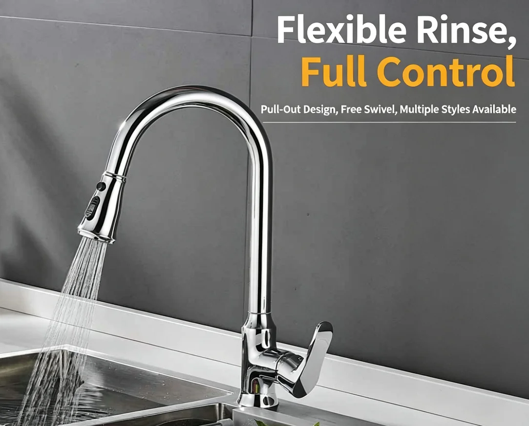 Modern Chrome Brass Deck-Mounted Pull-Down Kitchen Faucet Single-Handle
