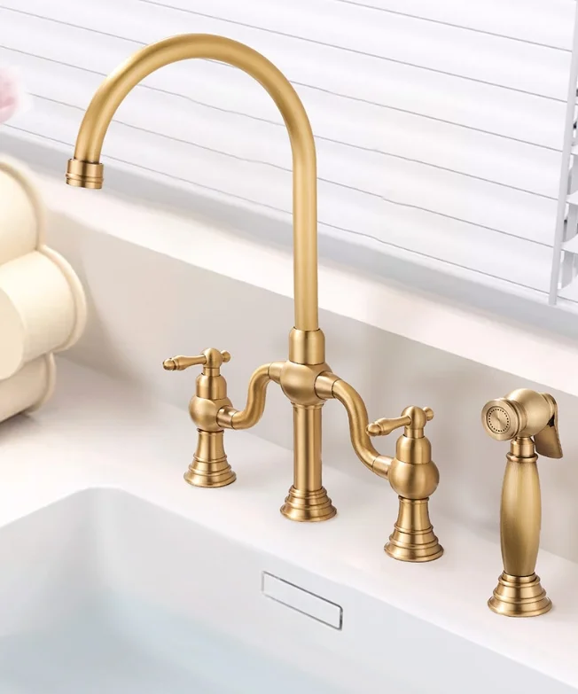 Brass Deck-Mounted Bridge Kitchen Faucet