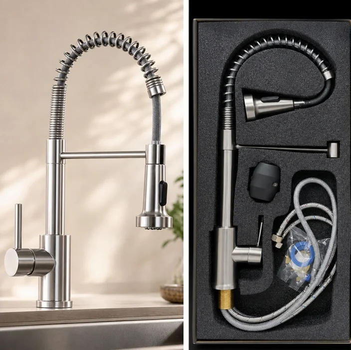 Modern Stainless Steel Deck-Mounted Pull-Down Kitchen Faucet