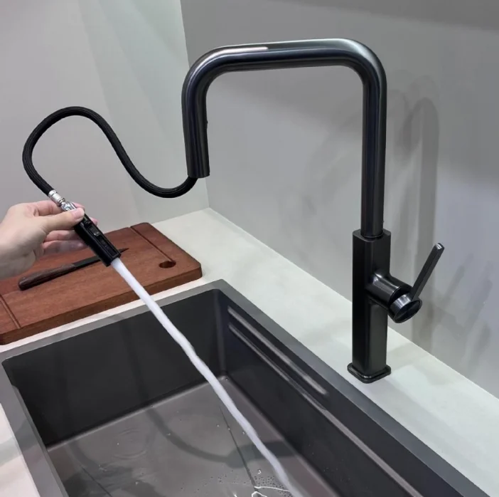 Modern Brass Deck-Mounted Pull-Down Kitchen Faucet