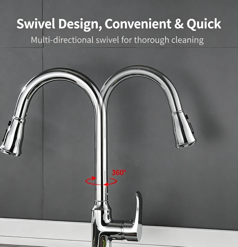 Modern Chrome Brass Deck-Mounted Pull-Down Kitchen Faucet Single-Handle