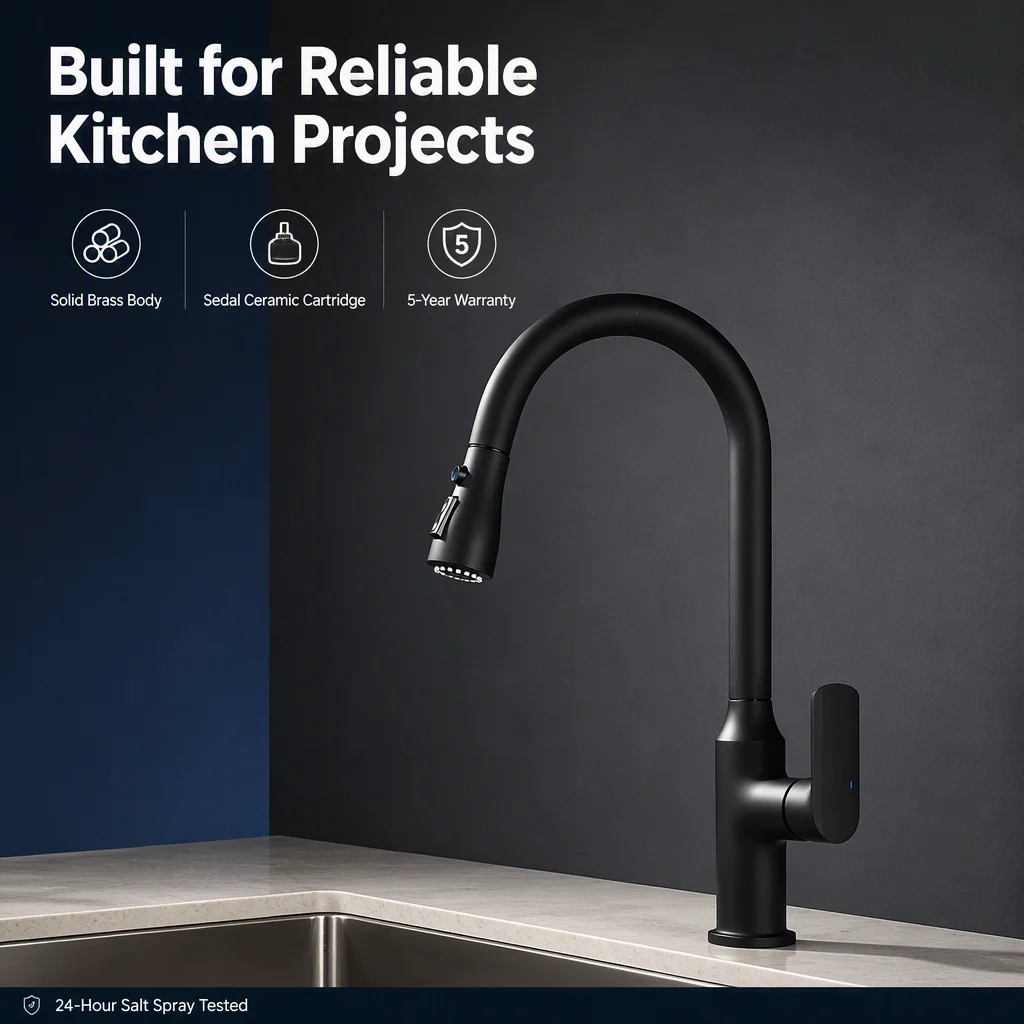 Matte Black Brass Deck-Mounted Pull-Down Kitchen Faucet