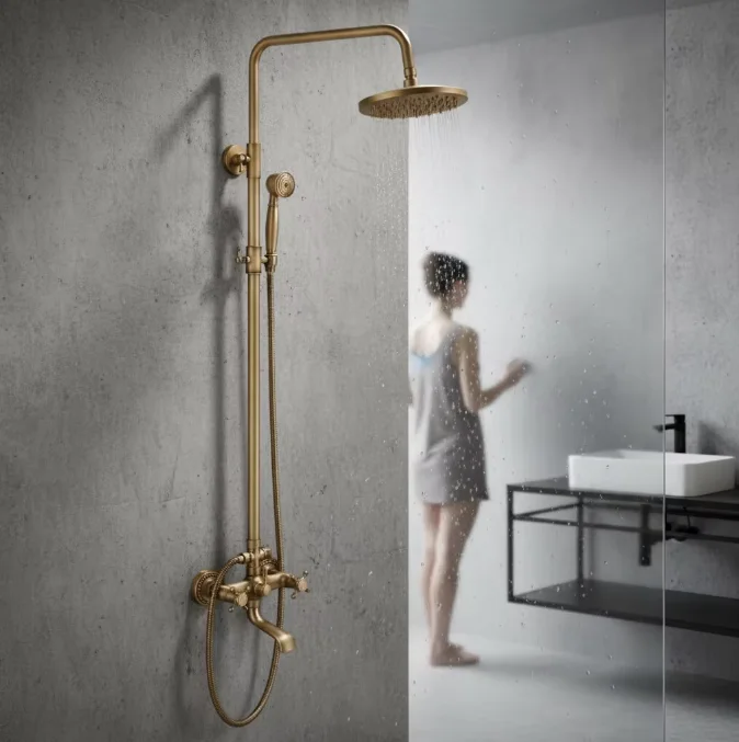 Antique Copper Wall-Mounted Shower System Brushed