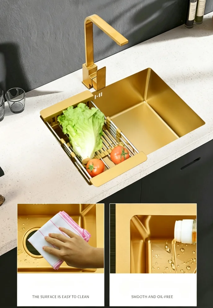 Brushed Gold Stainless Steel Square Single-Bowl Kitchen Sink
