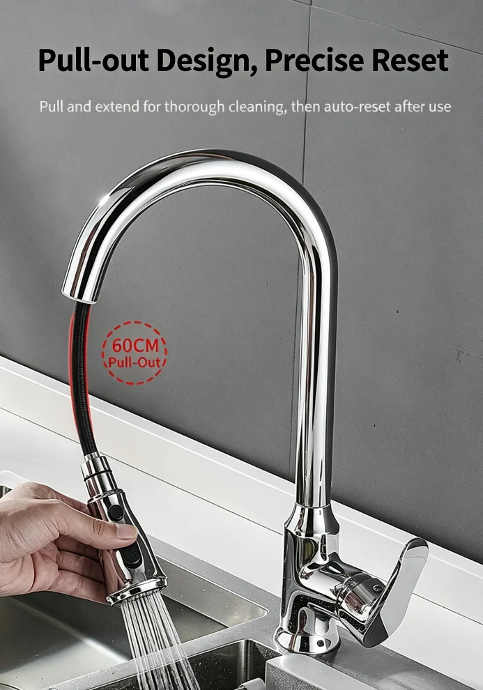 Modern Chrome Brass Deck-Mounted Pull-Down Kitchen Faucet Single-Handle