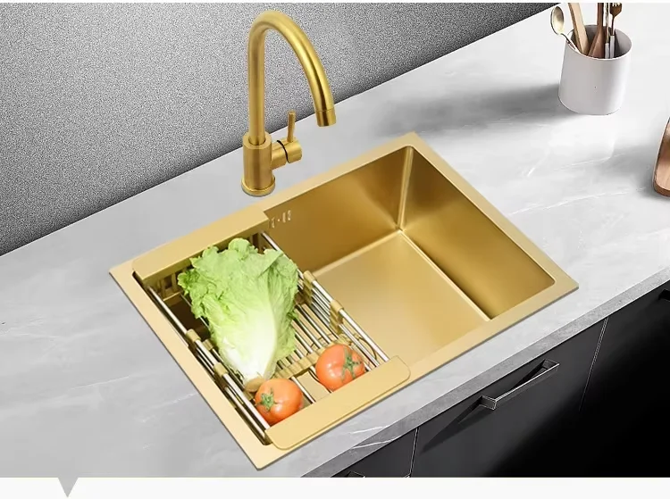 Brushed Gold Stainless Steel Square Single-Bowl Kitchen Sink