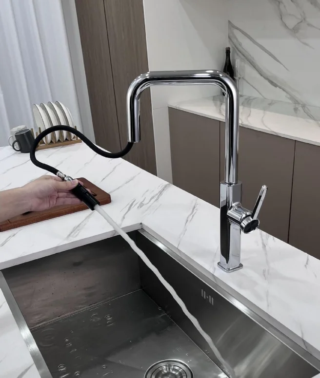 Modern Brass Deck-Mounted Pull-Down Kitchen Faucet