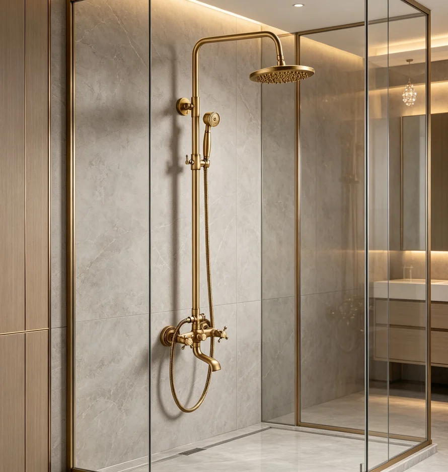 Antique Copper Wall-Mounted Shower System Brushed