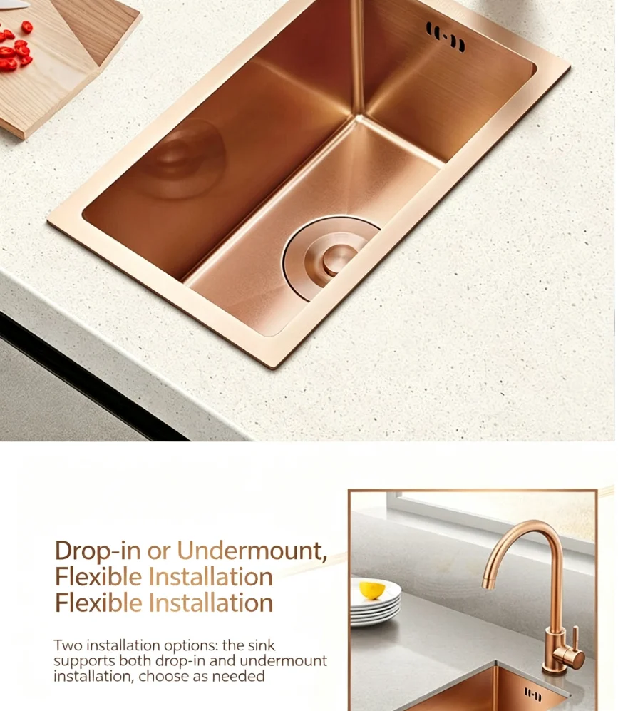 Rose Gold Stainless Steel Rectangular Single-Bowl Kitchen Sink