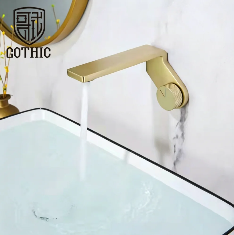 Brushed Gold Copper LED Wall-Mounted Bathroom Sink Faucet