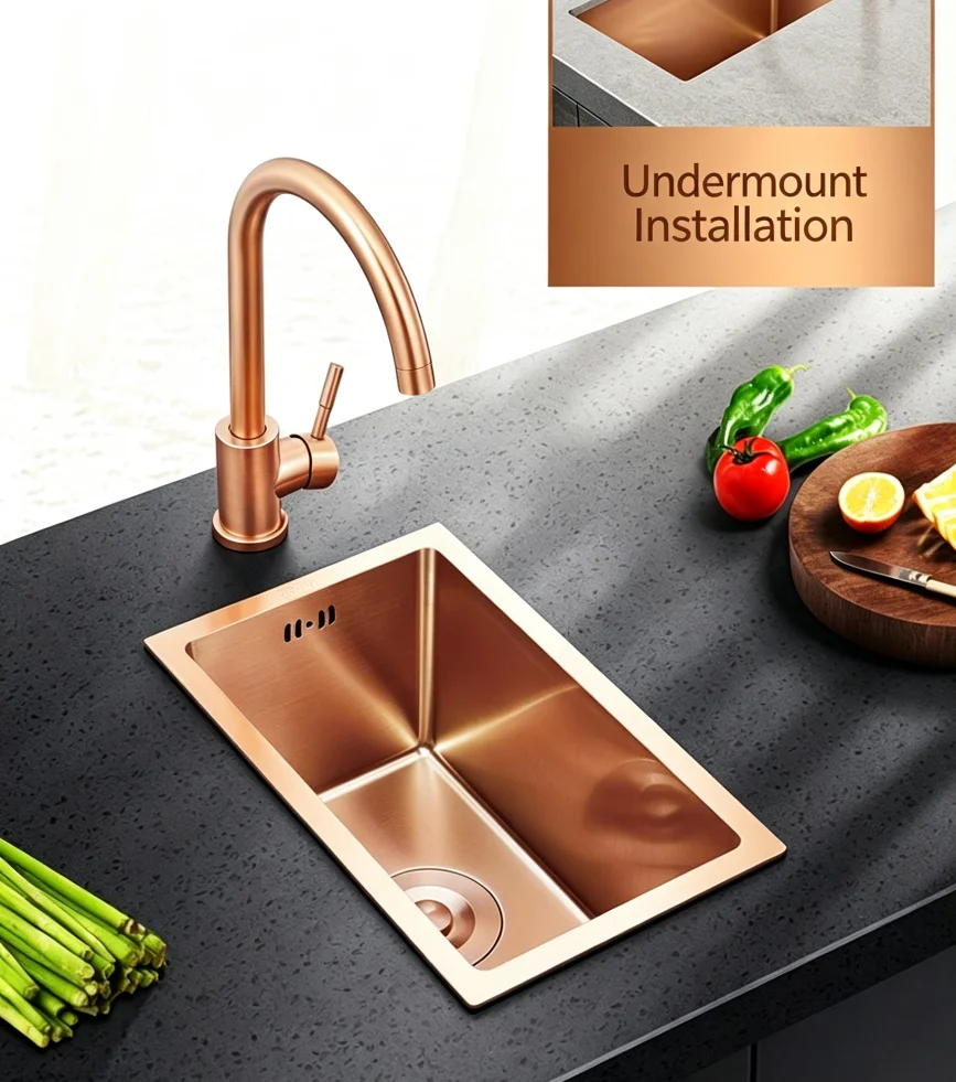 Rose Gold Stainless Steel Rectangular Single-Bowl Kitchen Sink