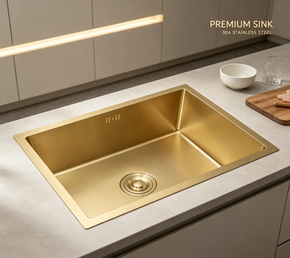 Brushed Gold Stainless Steel Square Single-Bowl Kitchen Sink
