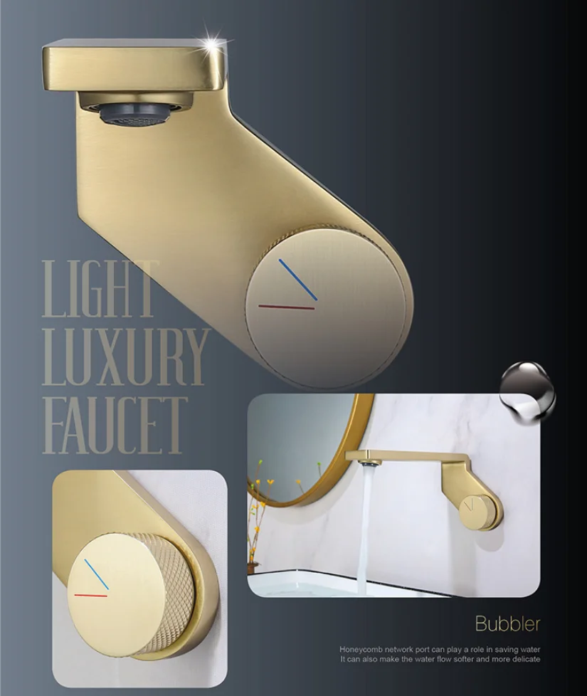 Brushed Gold Copper LED Wall-Mounted Bathroom Sink Faucet