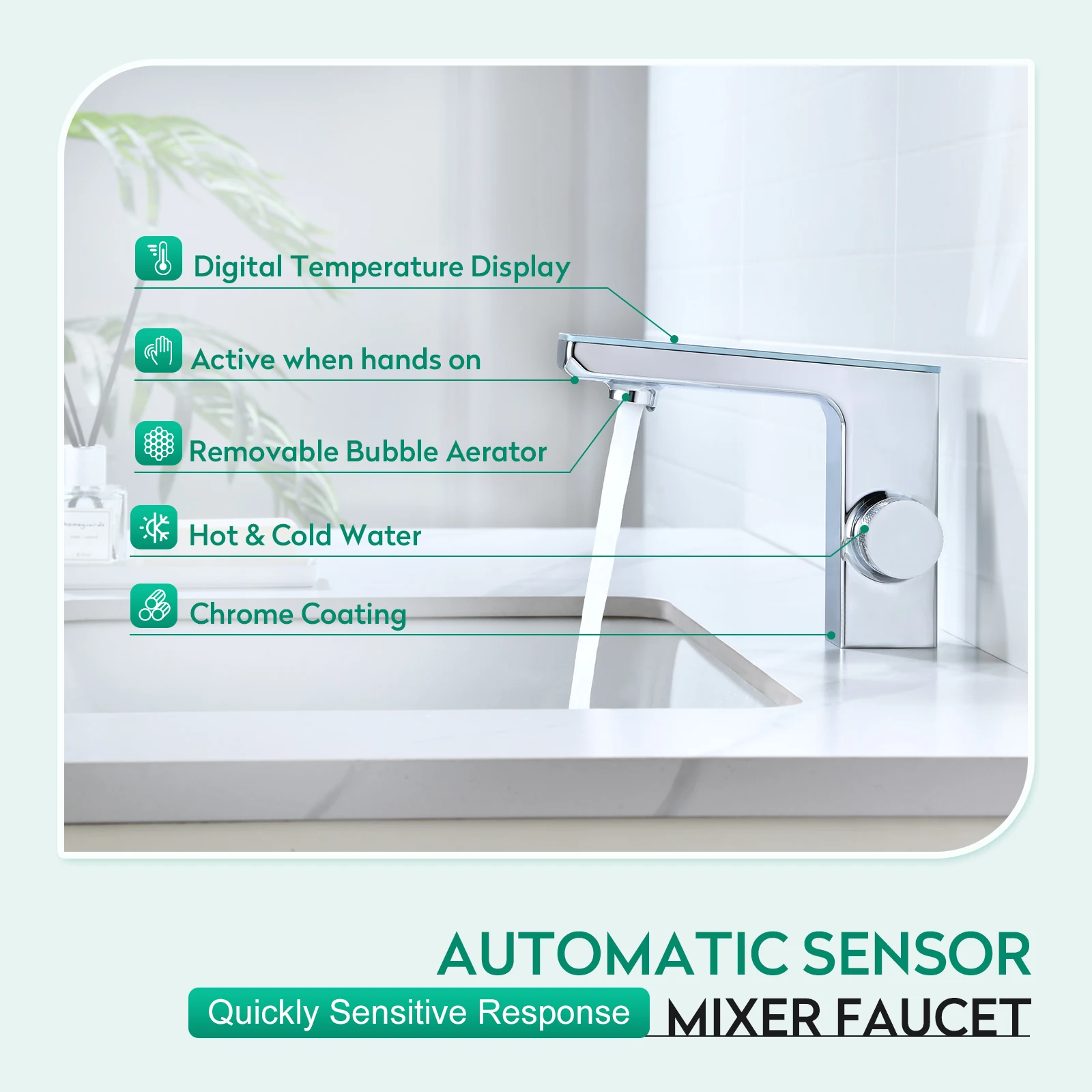 Chrome Zinc Alloy Deck-Mounted Touchless Bathroom Sink Faucet