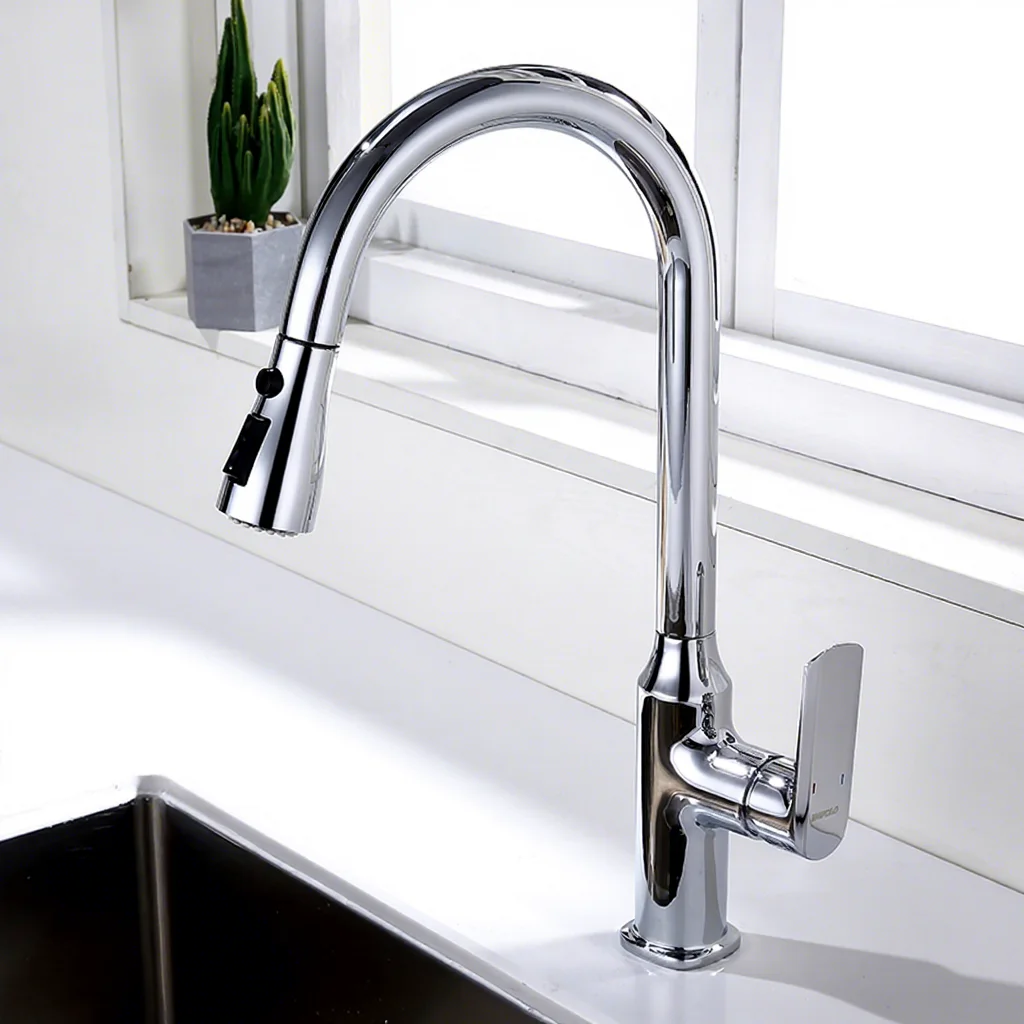Modern Chrome Brass Deck-Mounted Pull-Down Kitchen Faucet Single-Handle