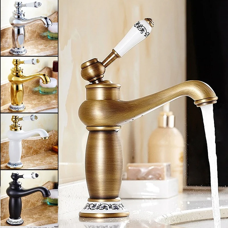 Antique Brass Deck-Mounted Single-Hole Bathroom Sink Faucet Classic