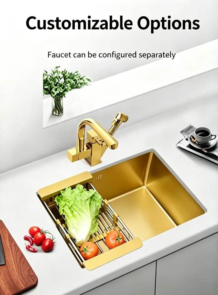 Brushed Gold Stainless Steel Square Single-Bowl Kitchen Sink