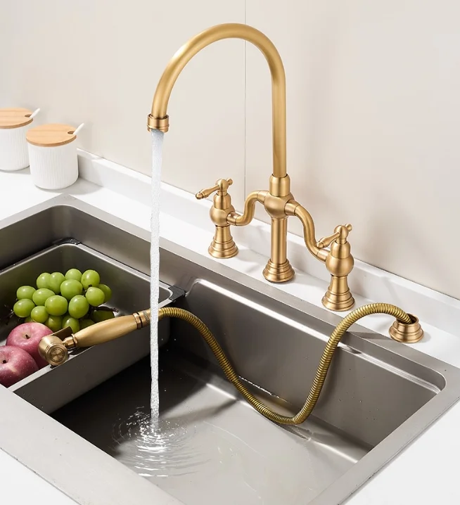 Brass Deck-Mounted Bridge Kitchen Faucet