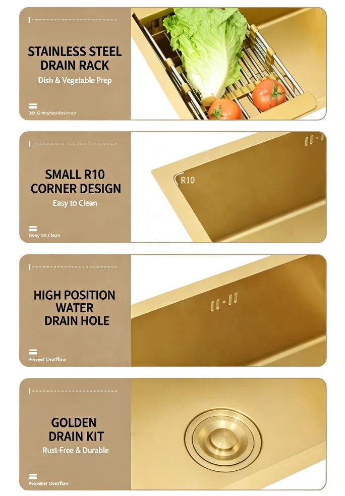 Brushed Gold Stainless Steel Square Single-Bowl Kitchen Sink