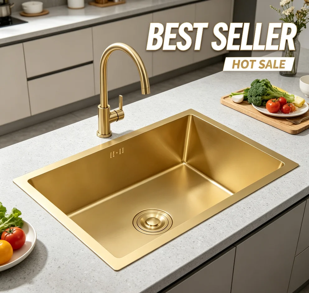 Brushed Gold Stainless Steel Square Single-Bowl Kitchen Sink